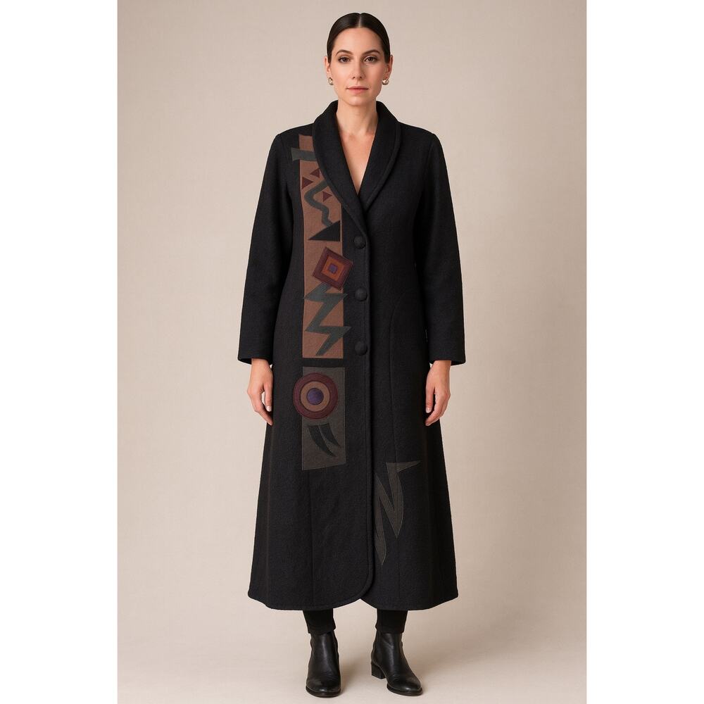 Vintage 80s Beppa Wool Folk Art Applique Trench Coat